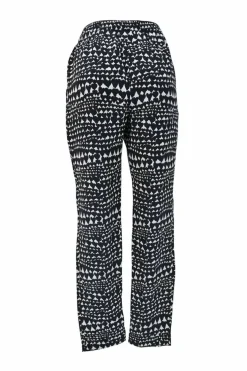 Two-tone silk abstract heart print pull-on crop-crotch tapered leg trousers with elasticated waistband