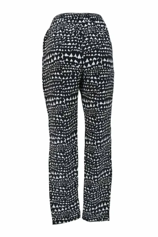 Two-tone silk abstract heart print pull-on crop-crotch tapered leg trousers with elasticated waistband