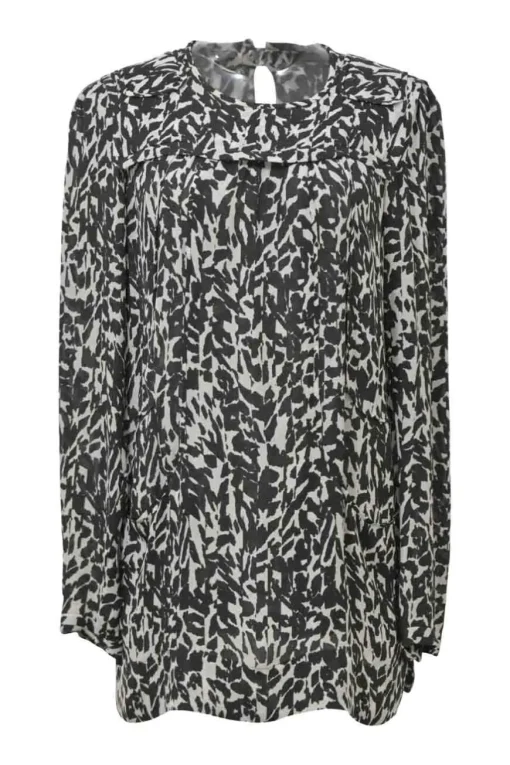 Two-tone silk abstract print long sleeve blouse and smocked waist mini skirt two-piece set