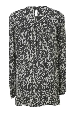 Two-tone silk abstract print long sleeve blouse and smocked waist mini skirt two-piece set