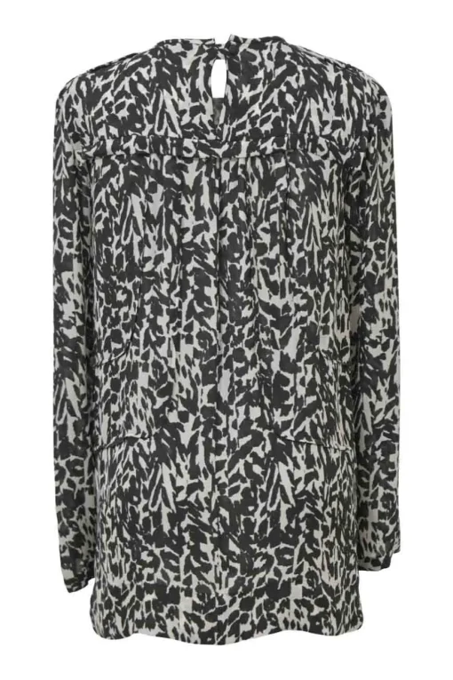 Two-tone silk abstract print long sleeve blouse and smocked waist mini skirt two-piece set