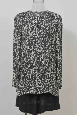 Two-tone silk abstract print long sleeve blouse and smocked waist mini skirt two-piece set