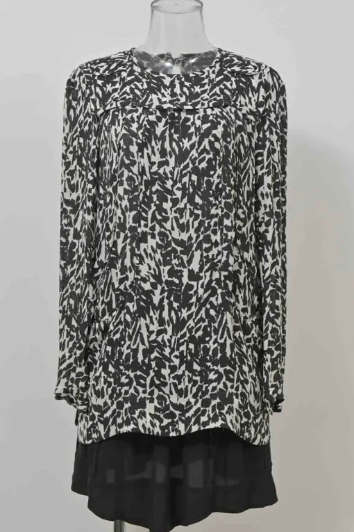 Two-tone silk abstract print long sleeve blouse and smocked waist mini skirt two-piece set