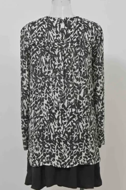 Two-tone silk abstract print long sleeve blouse and smocked waist mini skirt two-piece set