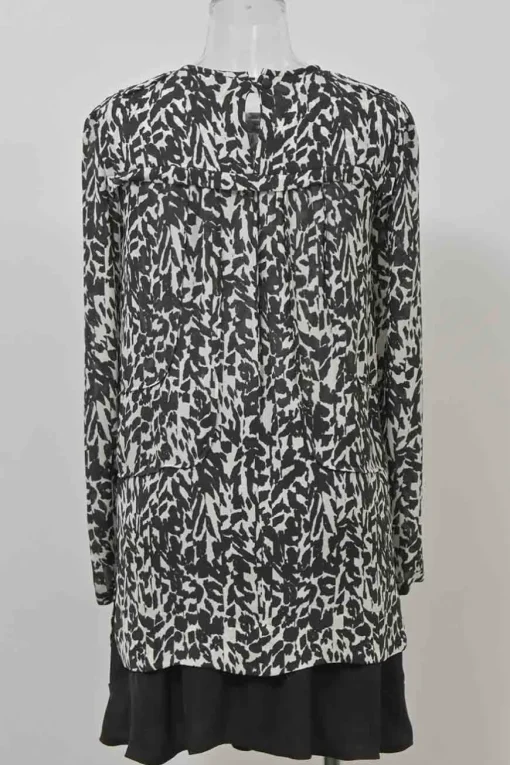Two-tone silk abstract print long sleeve blouse and smocked waist mini skirt two-piece set