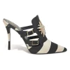 Two-tone striped satin and leather heeled Star Strass pointed-toe buckle vamp mules