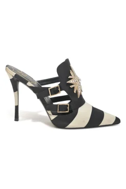 Two-tone striped satin and leather heeled Star Strass pointed-toe buckle vamp mules