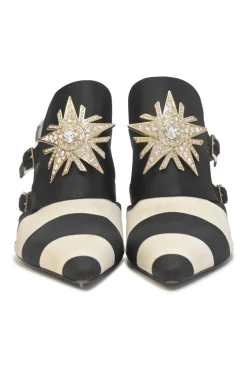 Two-tone striped satin and leather heeled Star Strass pointed-toe buckle vamp mules