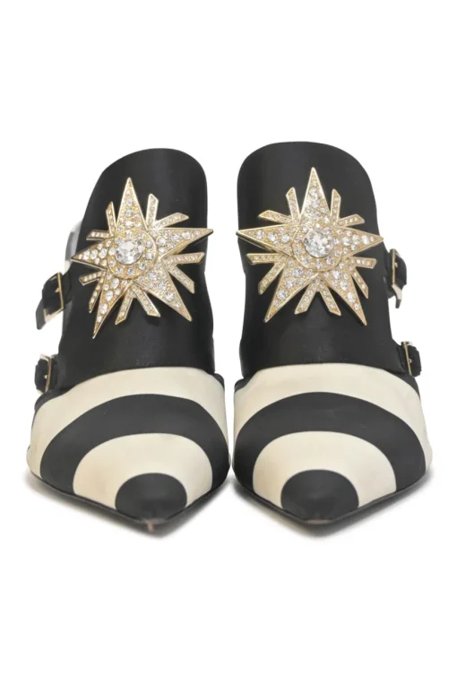 Two-tone striped satin and leather heeled Star Strass pointed-toe buckle vamp mules