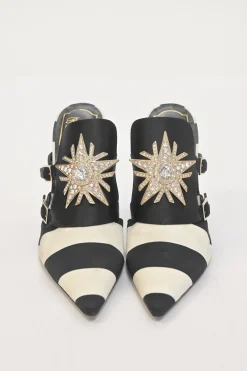 Two-tone striped satin and leather heeled Star Strass pointed-toe buckle vamp mules
