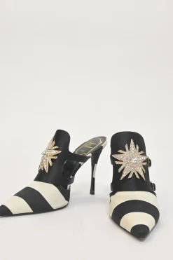Two-tone striped satin and leather heeled Star Strass pointed-toe buckle vamp mules