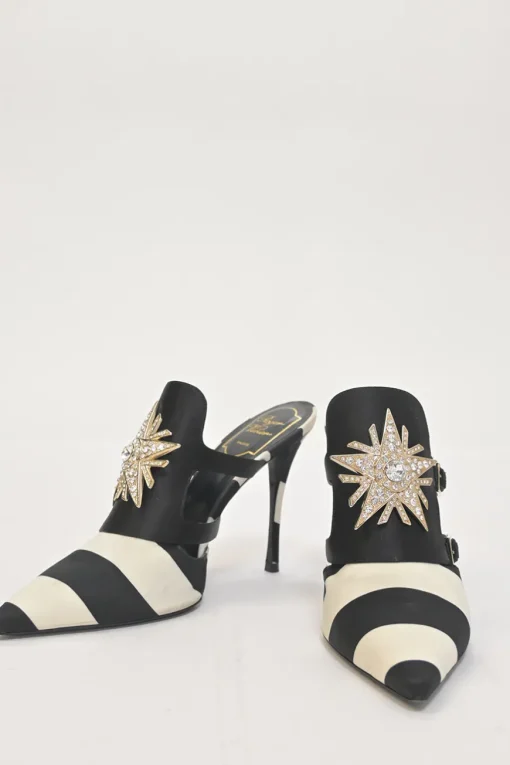 Two-tone striped satin and leather heeled Star Strass pointed-toe buckle vamp mules