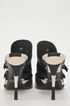 Two-tone striped satin and leather heeled Star Strass pointed-toe buckle vamp mules