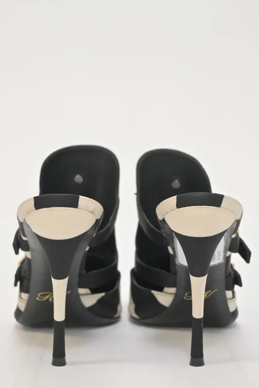 Two-tone striped satin and leather heeled Star Strass pointed-toe buckle vamp mules