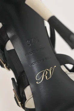Two-tone striped satin and leather heeled Star Strass pointed-toe buckle vamp mules