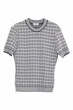 Two-tone viscose-blend fully-fashioned intarsia mock neck short sleeve top featuring classic Zucca motif