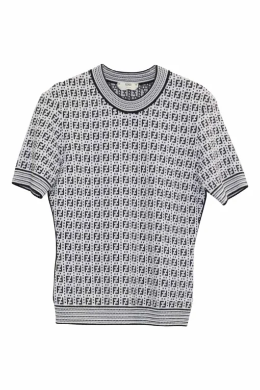 Two-tone viscose-blend fully-fashioned intarsia mock neck short sleeve top featuring classic Zucca motif