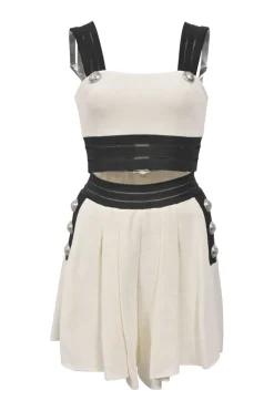 Two-tone viscose-blend interlock knit two-piece set featuring square-neck bustier top and high-rise tuck-pleat wide-leg shorts