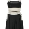 Two-tone viscose-blend interlock knit two-piece set featuring square-neck bustier top and high-rise tuck-pleat culotte shorts
