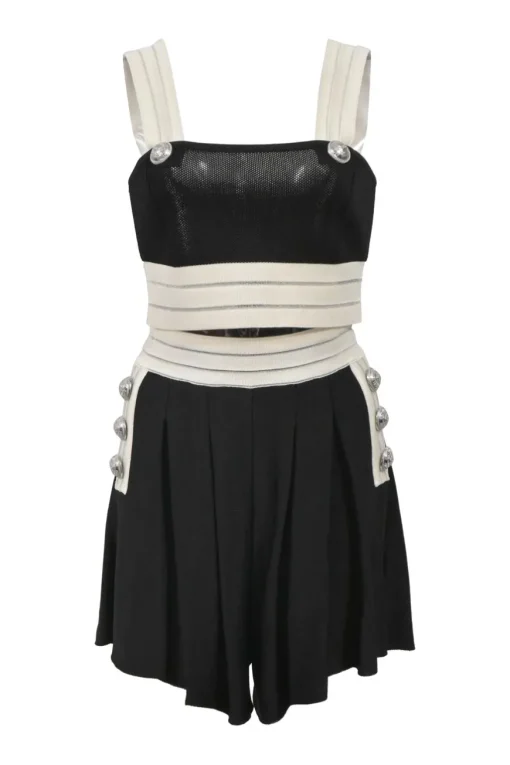 Two-tone viscose-blend interlock knit two-piece set featuring square-neck bustier top and high-rise tuck-pleat culotte shorts