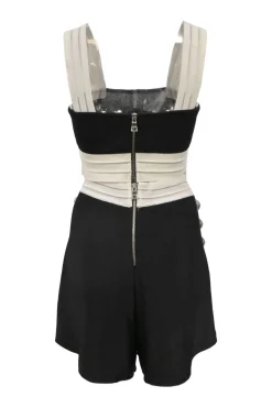 Two-tone viscose-blend interlock knit two-piece set featuring square-neck bustier top and high-rise tuck-pleat culotte shorts