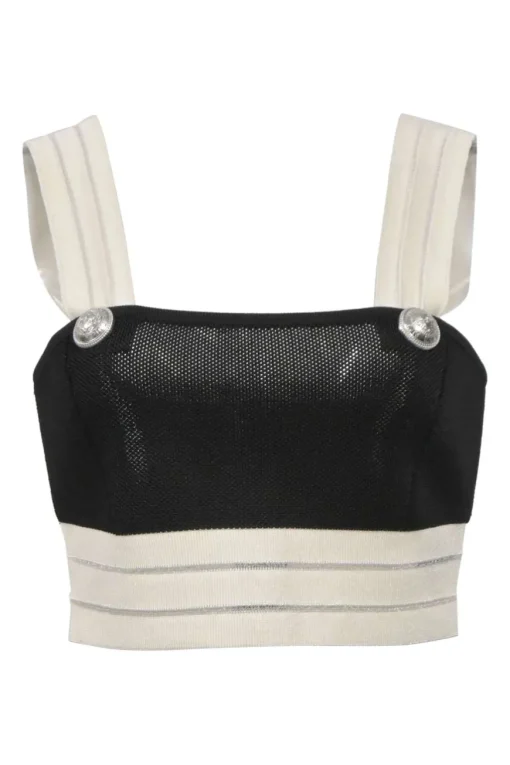 Two-tone viscose-blend interlock knit two-piece set featuring square-neck bustier top and high-rise tuck-pleat culotte shorts
