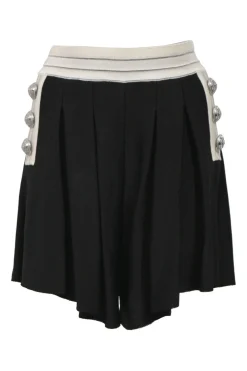 Two-tone viscose-blend interlock knit two-piece set featuring square-neck bustier top and high-rise tuck-pleat culotte shorts