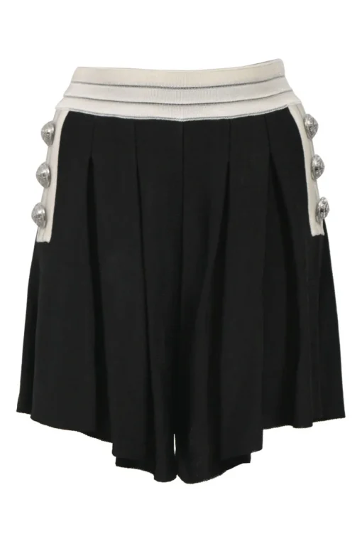 Two-tone viscose-blend interlock knit two-piece set featuring square-neck bustier top and high-rise tuck-pleat culotte shorts