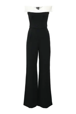 Two-tone viscose-blend off-shoulder wide-leg jumpsuit