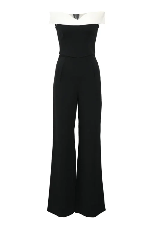 Two-tone viscose-blend off-shoulder wide-leg jumpsuit