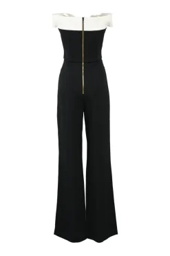 Two-tone viscose-blend off-shoulder wide-leg jumpsuit