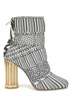 Two-tone woven leather Cerreto round-toe ankle boots with mirrored faceted Flora block heels