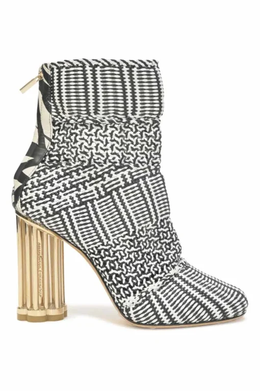 Two-tone woven leather Cerreto round-toe ankle boots with mirrored faceted Flora block heels