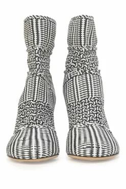 Two-tone woven leather Cerreto round-toe ankle boots with mirrored faceted Flora block heels