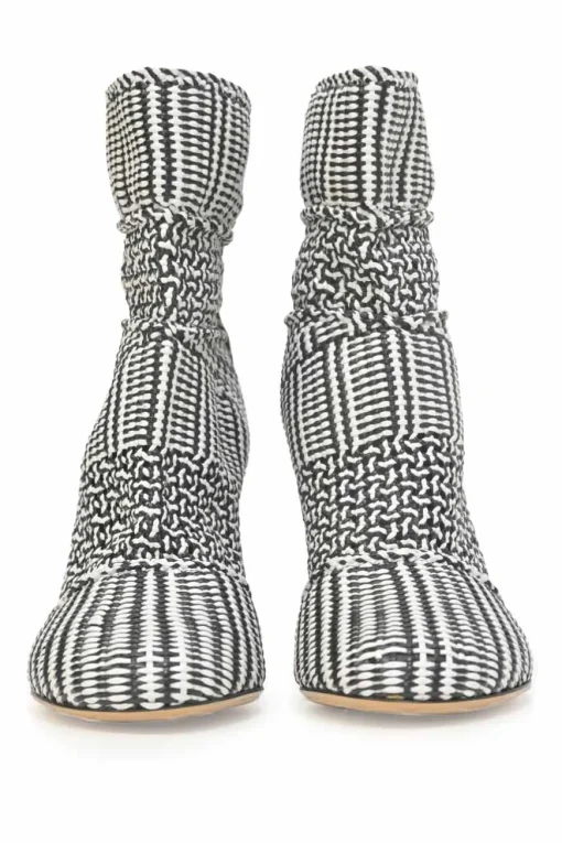Two-tone woven leather Cerreto round-toe ankle boots with mirrored faceted Flora block heels