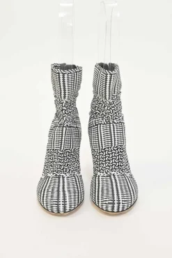 Two-tone woven leather Cerreto round-toe ankle boots with mirrored faceted Flora block heels