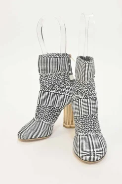 Two-tone woven leather Cerreto round-toe ankle boots with mirrored faceted Flora block heels