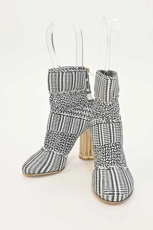 Two-tone woven leather Cerreto round-toe ankle boots with mirrored faceted Flora block heels