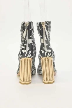 Two-tone woven leather Cerreto round-toe ankle boots with mirrored faceted Flora block heels