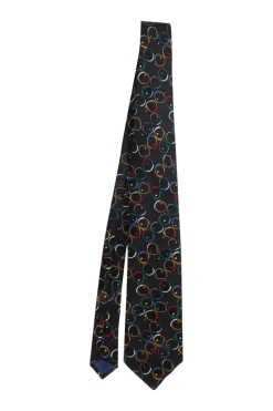 Unlabeled silk black tie with multi-color circle pattern