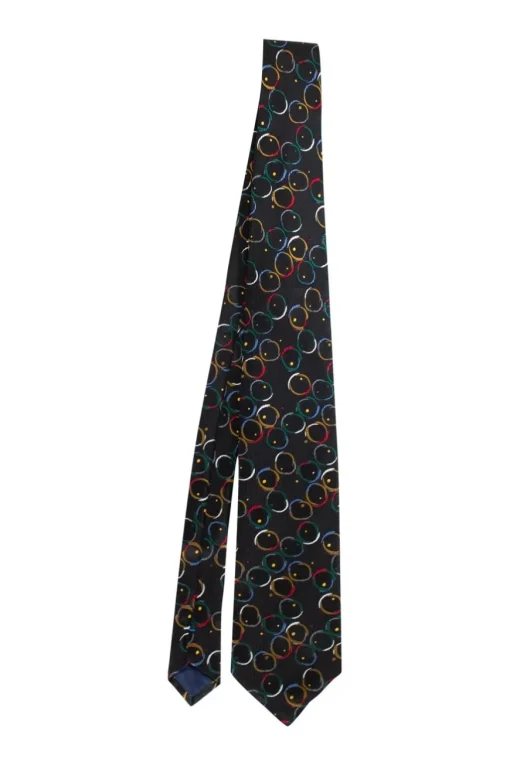 Unlabeled silk black tie with multi-color circle pattern