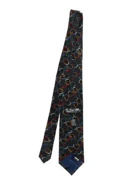 Unlabeled silk black tie with multi-color circle pattern