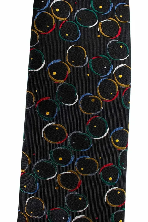 Unlabeled silk black tie with multi-color circle pattern