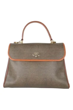 Vintage Fendi print canvas top handle bag with camel leather trimmings. Flap with turn lock fastening. Two main compartments lined in leather, one with zip pocket. Removable shoulder strap