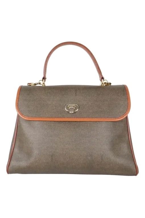 Vintage Fendi print canvas top handle bag with camel leather trimmings. Flap with turn lock fastening. Two main compartments lined in leather, one with zip pocket. Removable shoulder strap