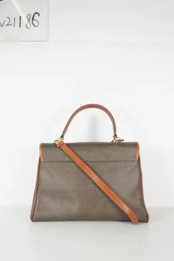 Vintage Fendi print canvas top handle bag with camel leather trimmings. Flap with turn lock fastening. Two main compartments lined in leather, one with zip pocket. Removable shoulder strap