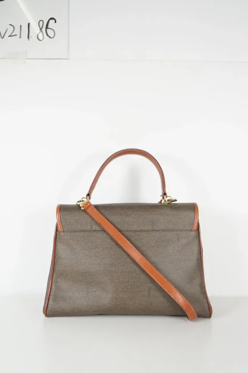 Vintage Fendi print canvas top handle bag with camel leather trimmings. Flap with turn lock fastening. Two main compartments lined in leather, one with zip pocket. Removable shoulder strap