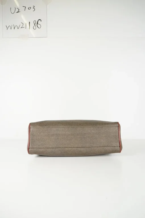 Vintage Fendi print canvas top handle bag with camel leather trimmings. Flap with turn lock fastening. Two main compartments lined in leather, one with zip pocket. Removable shoulder strap