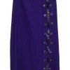 Violet beaded wool tricotine pull-on wrap-front A-line midi slit skirt