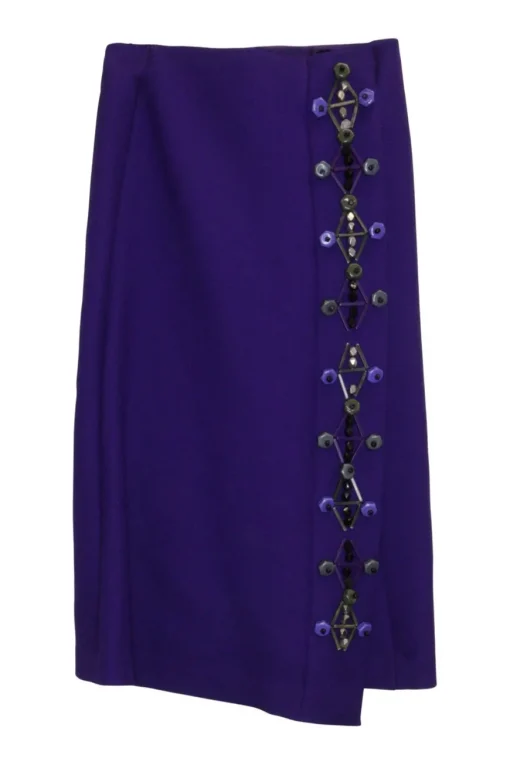Violet beaded wool tricotine pull-on wrap-front A-line midi slit skirt